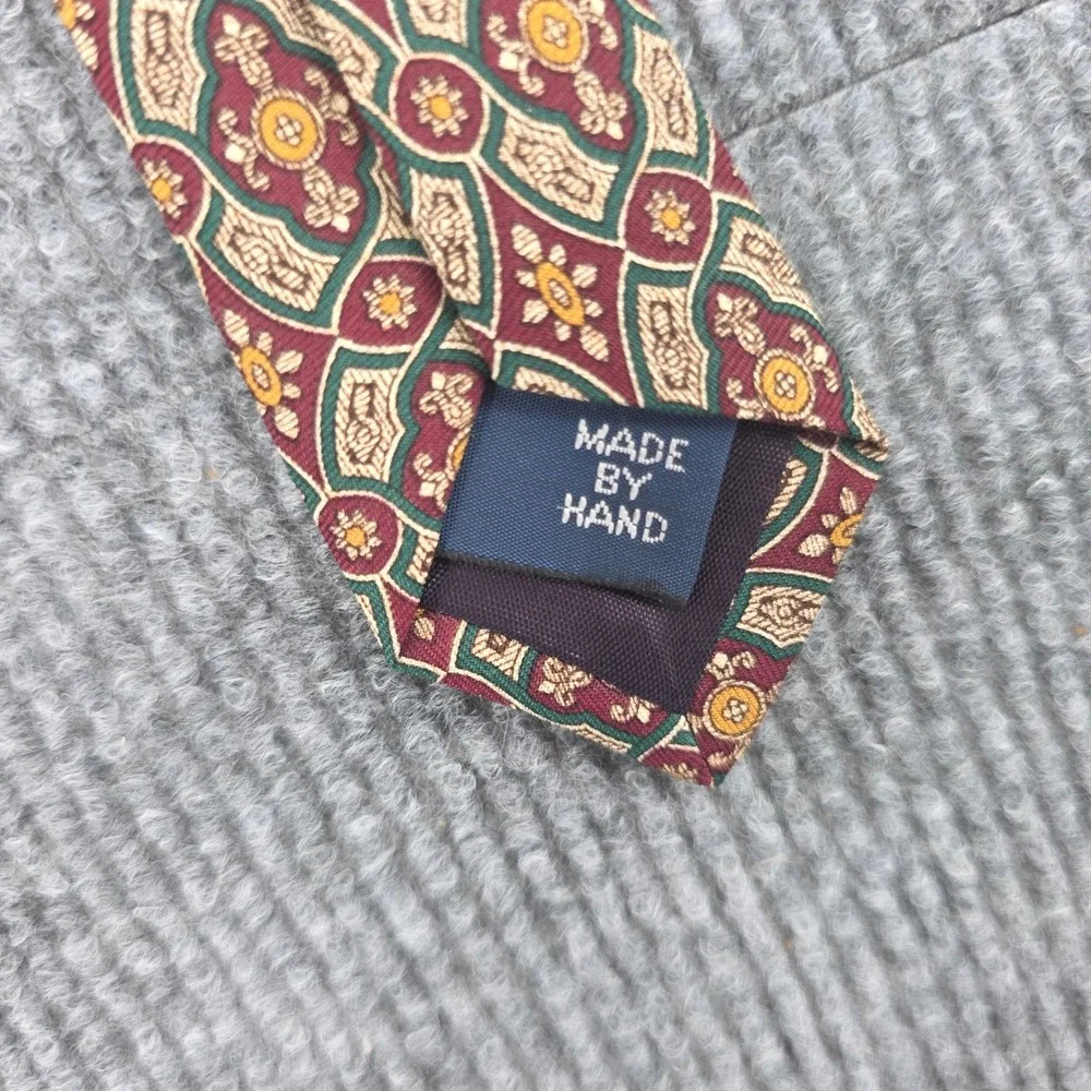 Polo Ralph Lauren Silk Tie Burgundy Green Gold Geometric Medallion Handmade USA
